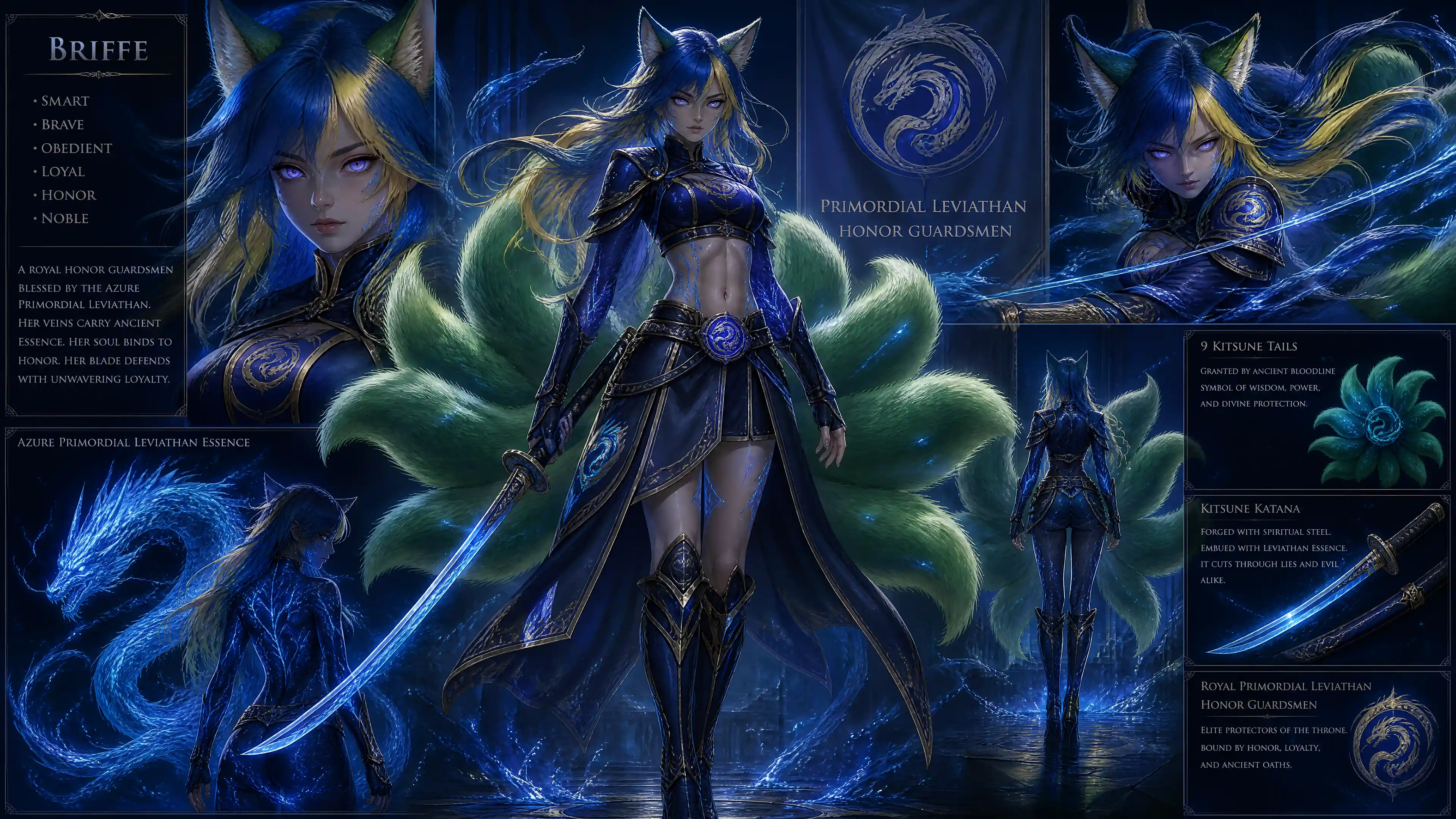 Blue haired nine tailed fox warrior with katana