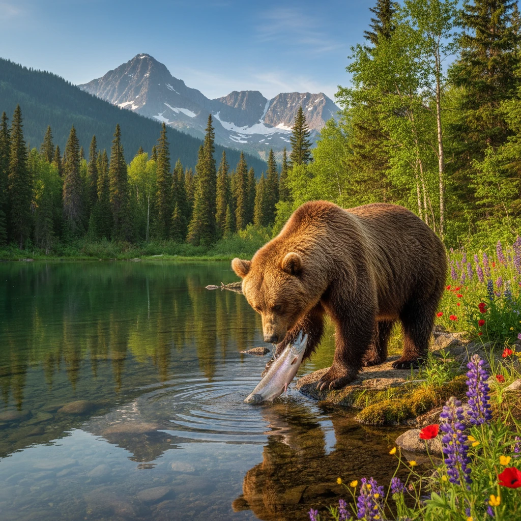 Oso pardo pescando al borde de un lago tranquilo