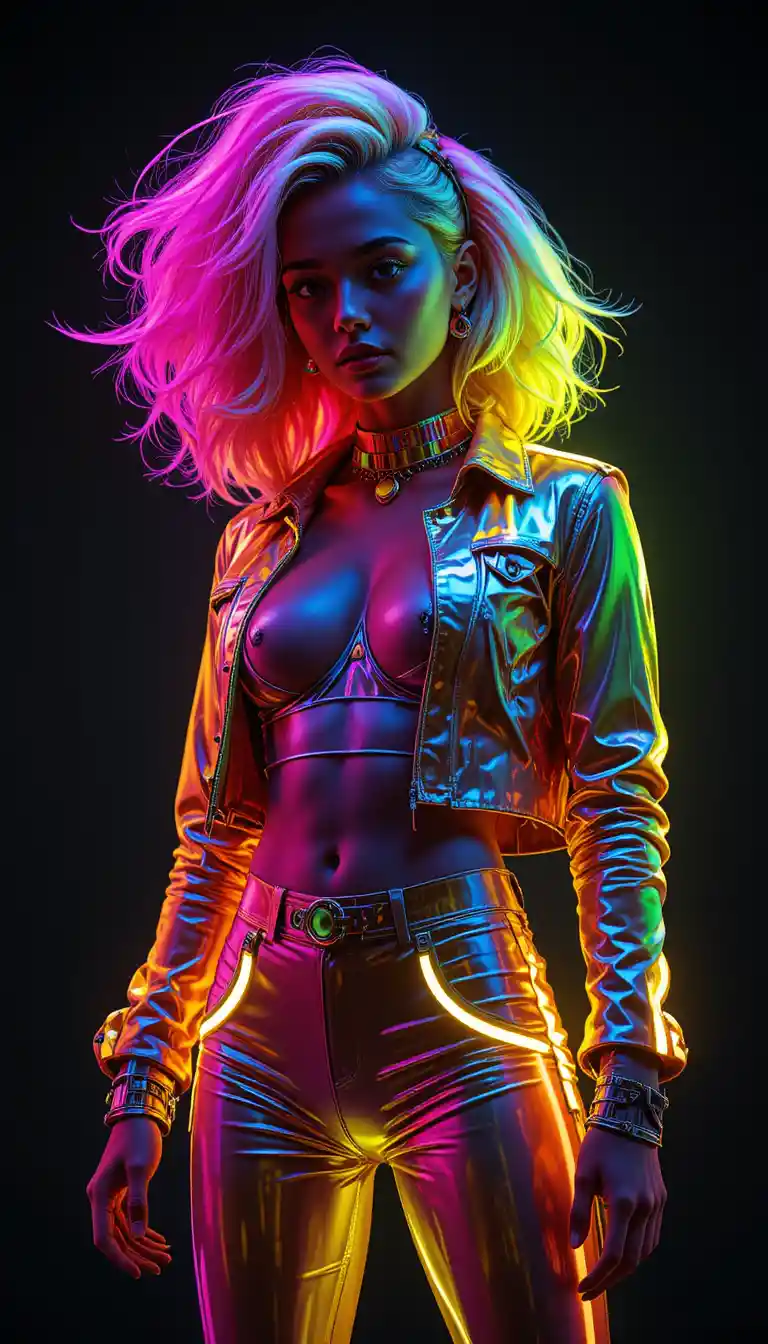 Neon haired woman in vibrant futuristic streetwear pose