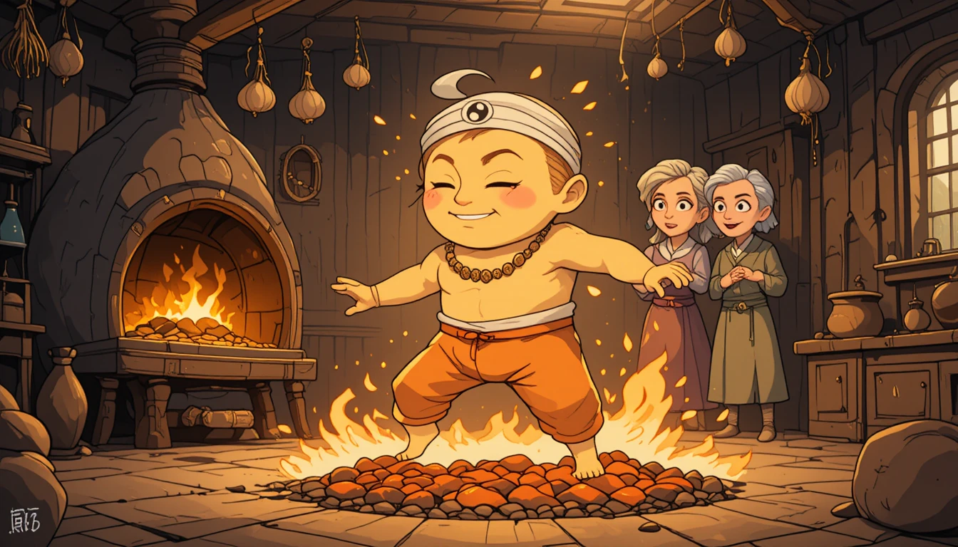 Whimsical Cartoon Monk Fire Walking In Rustic Kitchen