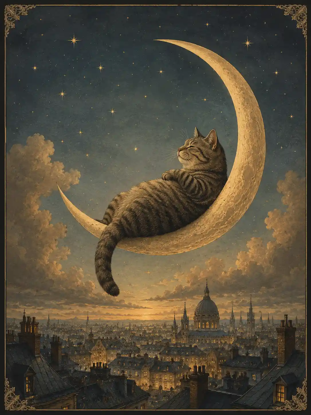Gato de fantasía rayado descansando sobre una luna creciente