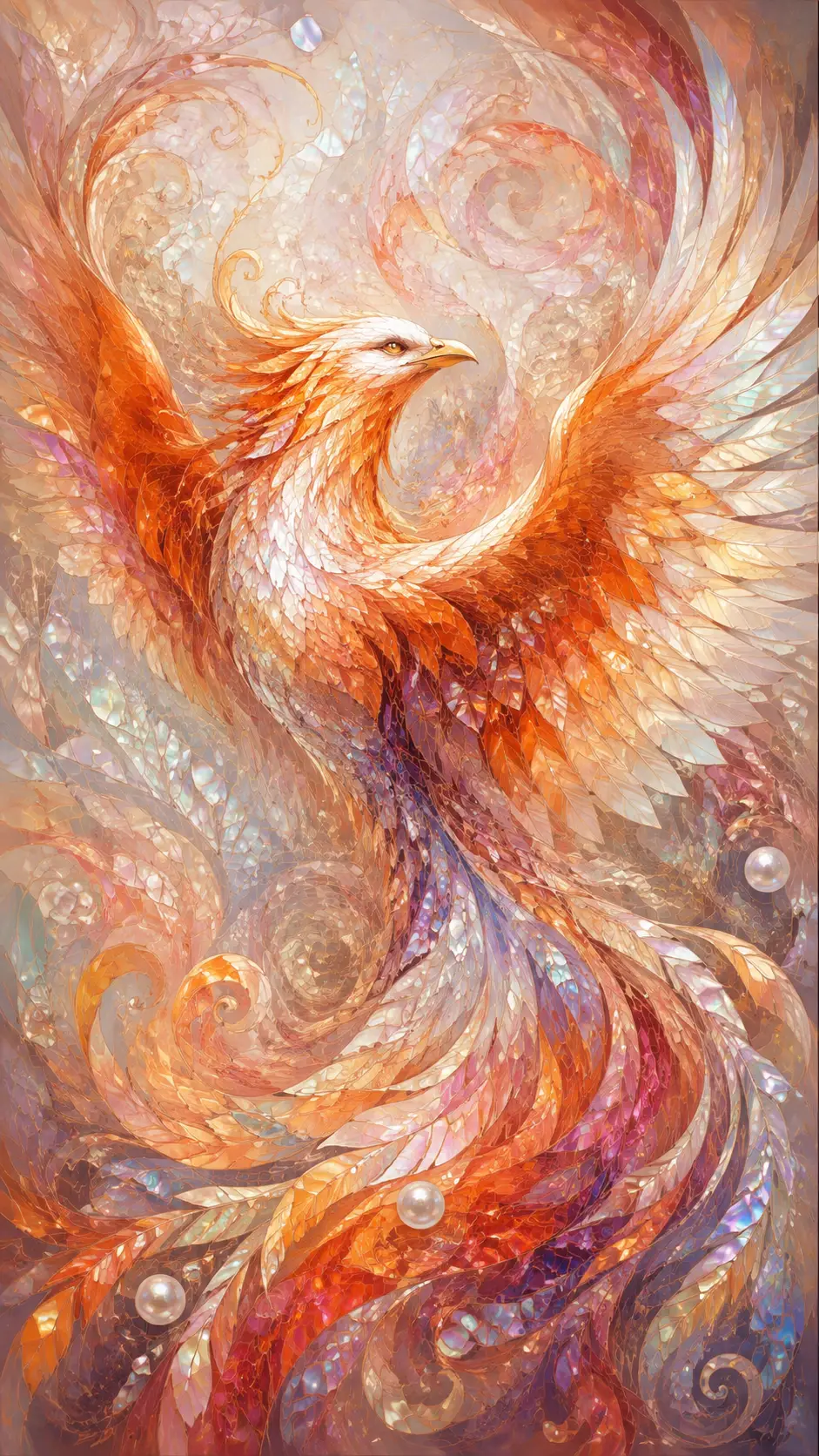 Luminous phoenix rising in swirling crystal flame mosaic