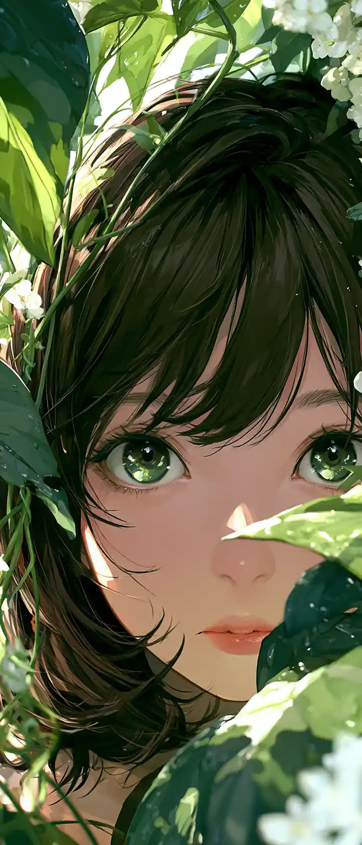 Ritratto di ragazza anime metà nascosta tra foglie verdi rigogliose