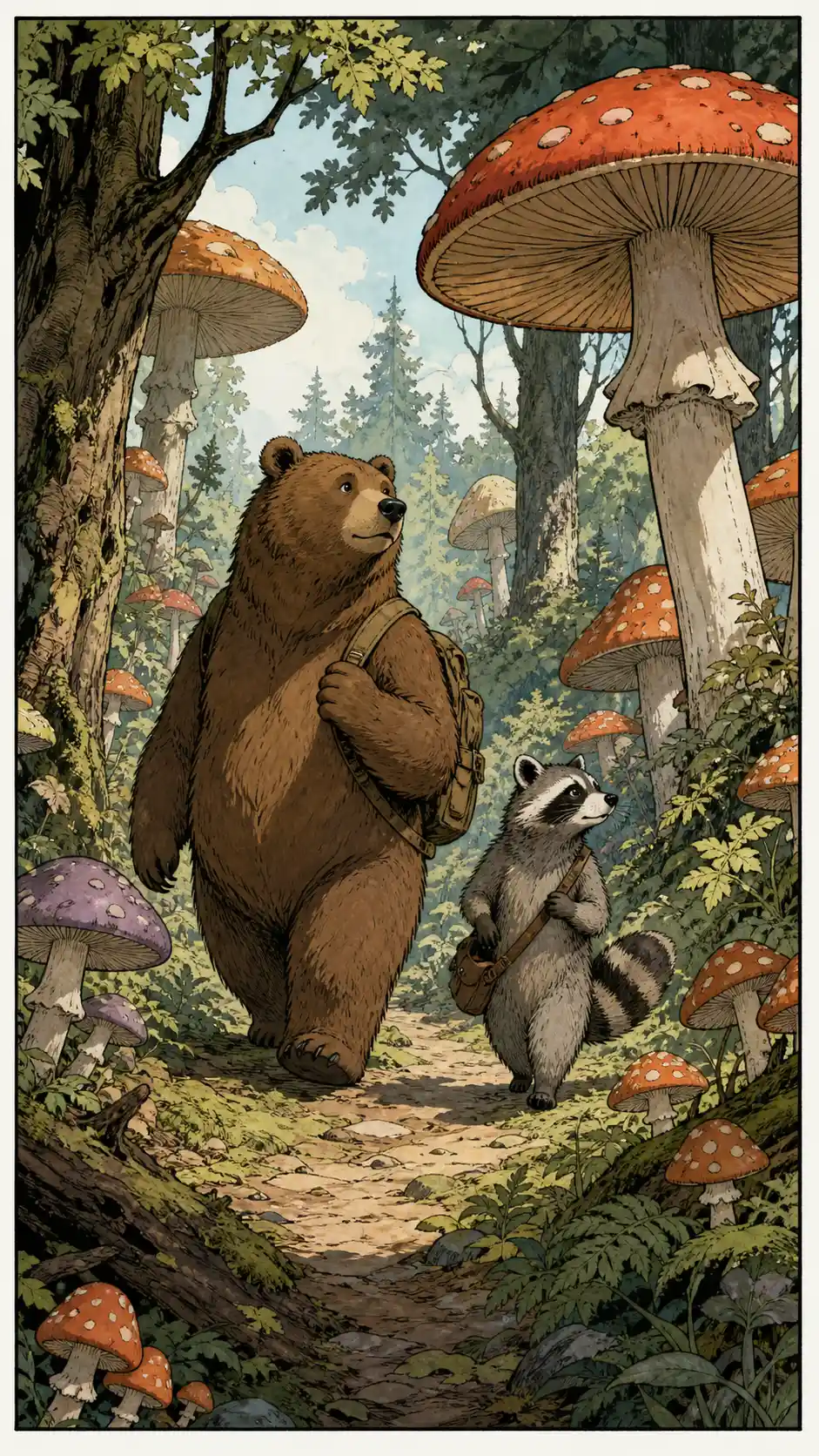 Oso y mapache caminando por un bosque de hongos gigantes