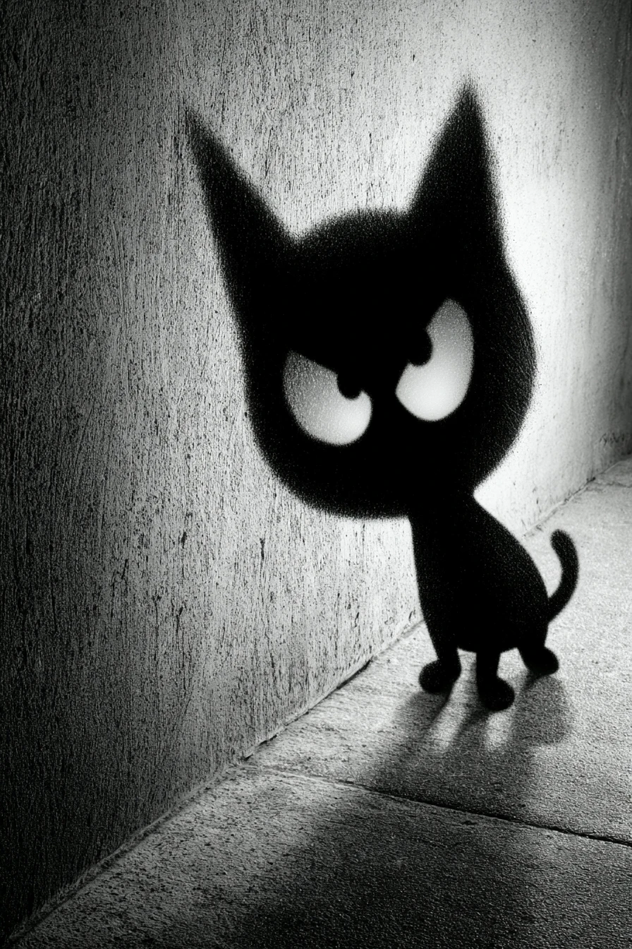 Gato sombra sigiloso con patas de araña a lo largo de una pared