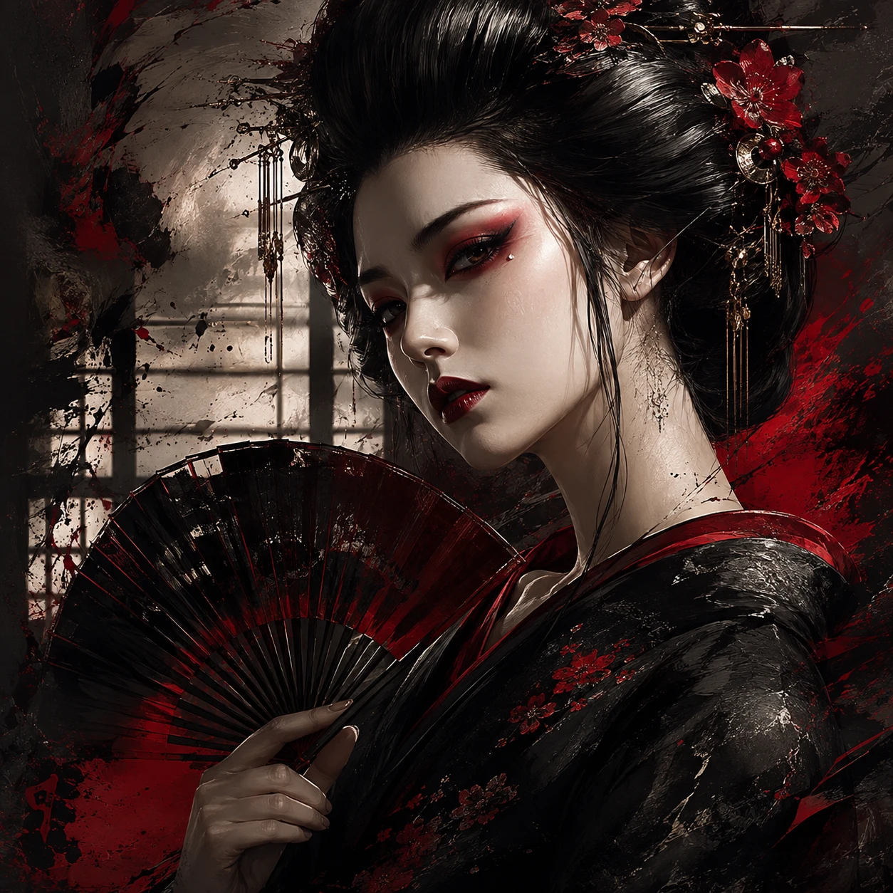 Retrato elegante inspirado en geisha con luz dramática y sombreada