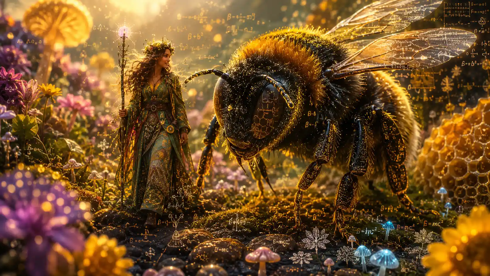 Flower mage walking beside a giant glowing bumblebee