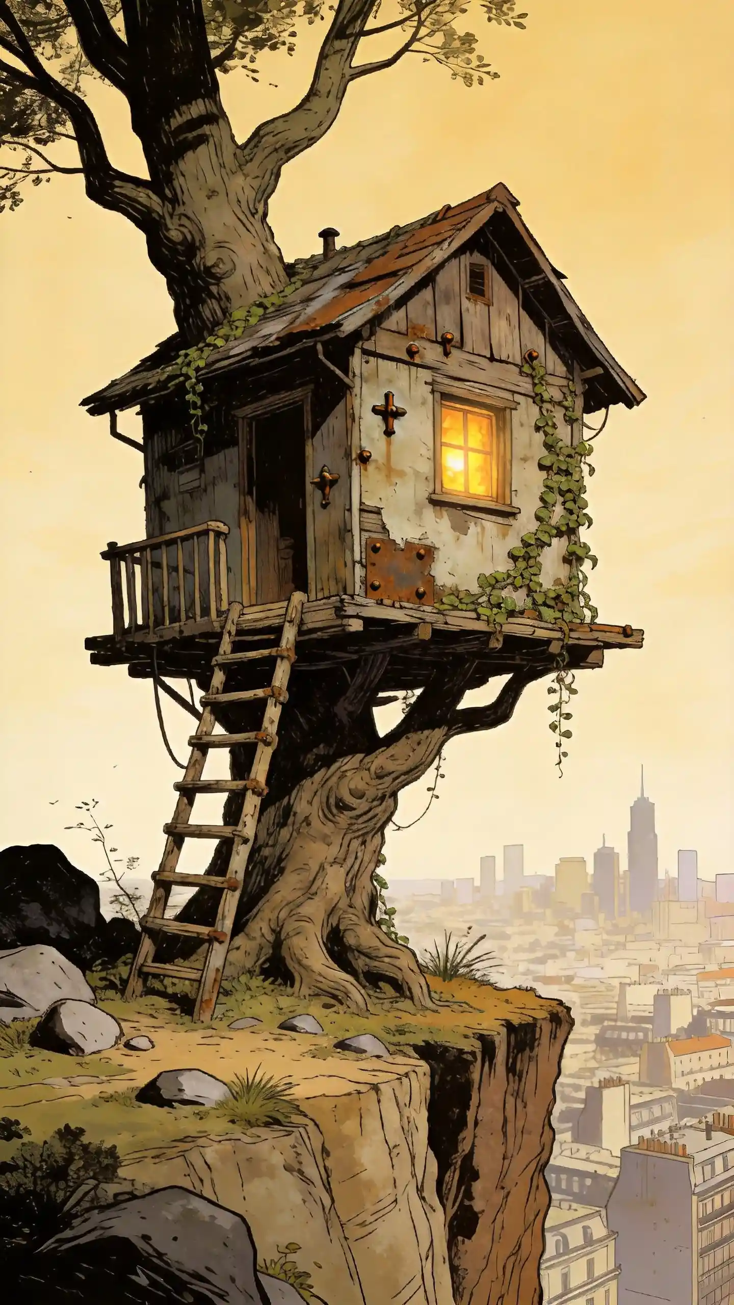 Casa en el árbol rústica en un acantilado sobre la ciudad