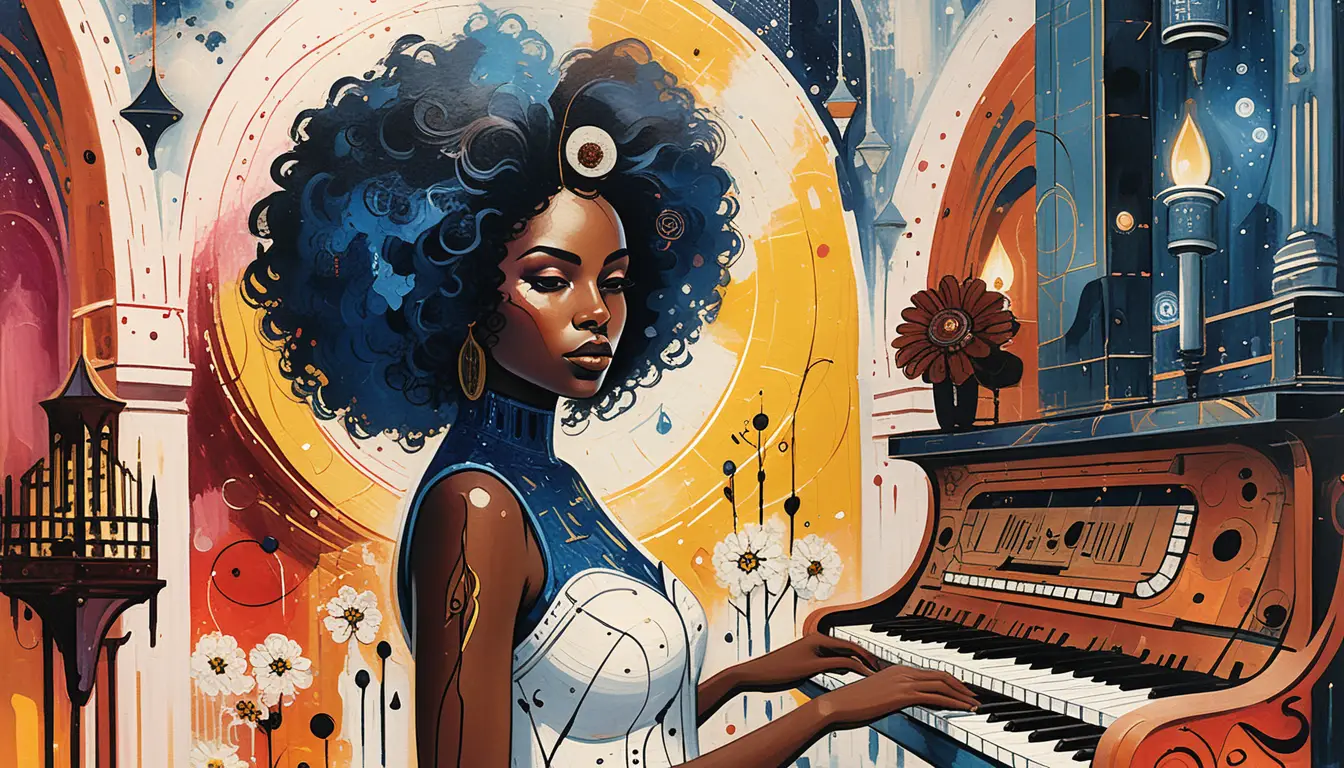 Femme noire jouant de l’orgue dans une cathédrale cosmique lumineuse
