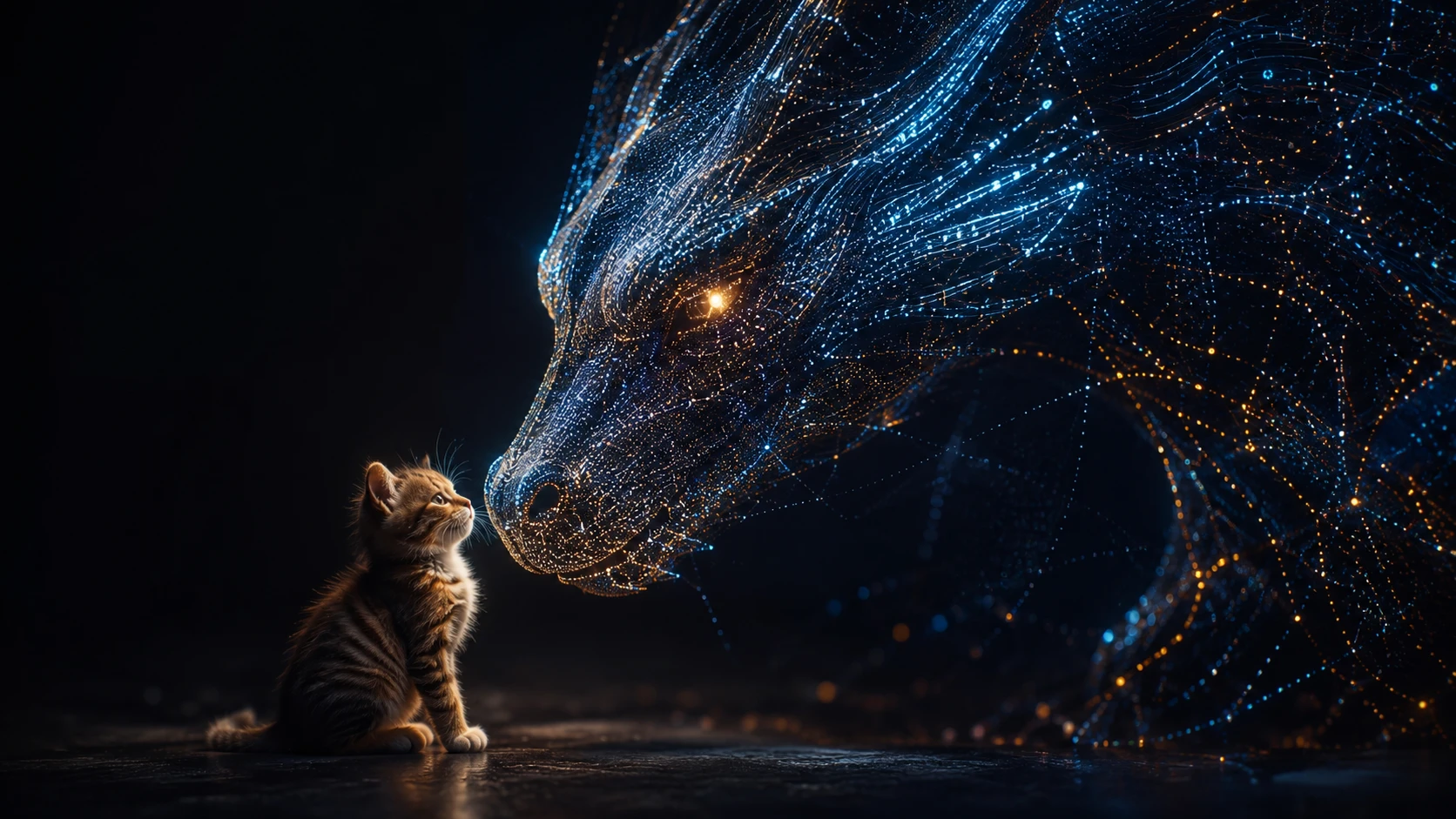 Drago digitale di fronte a un minuscolo gattino in una luce drammatica