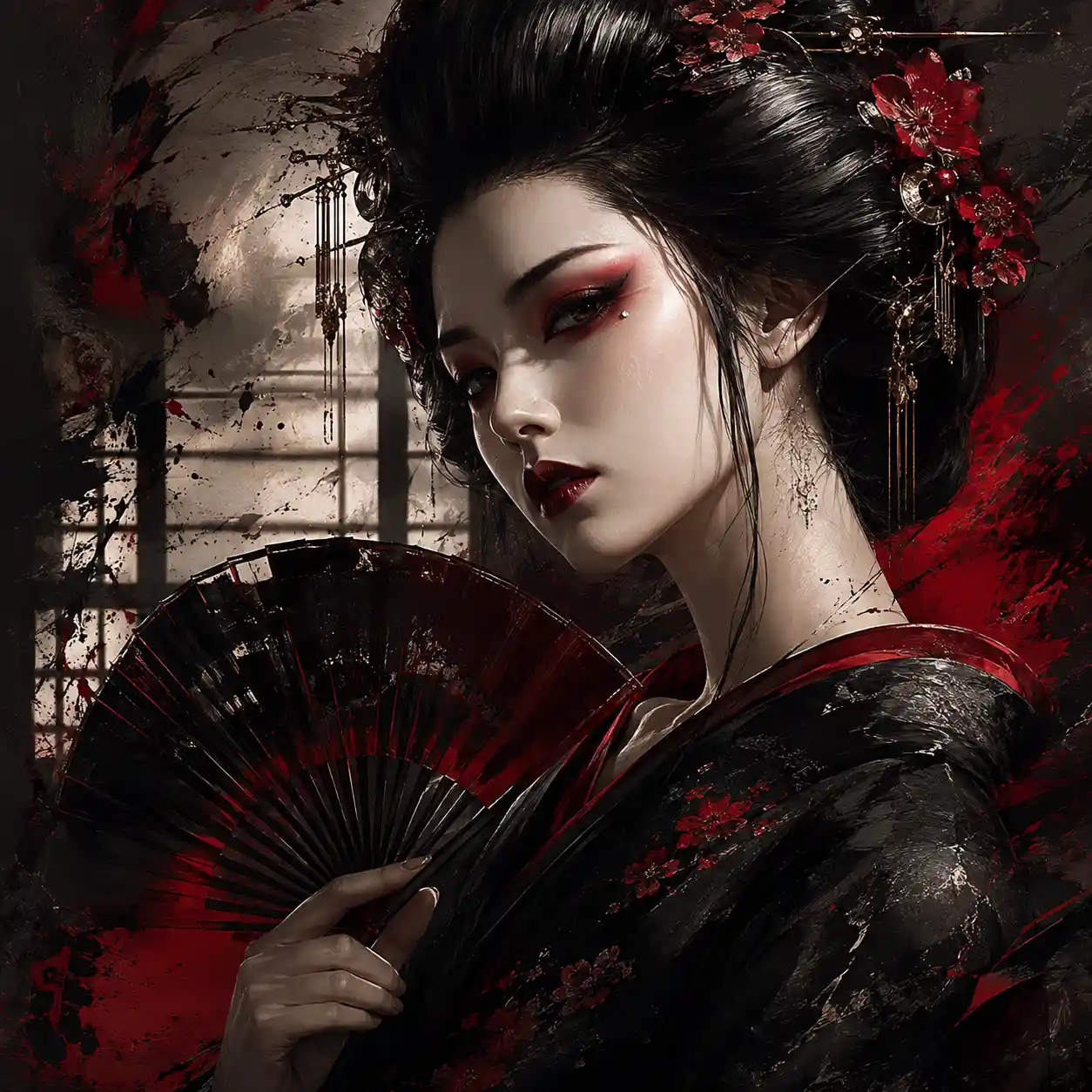 Elegant geisha inspired portrait in dramatic shadowed light