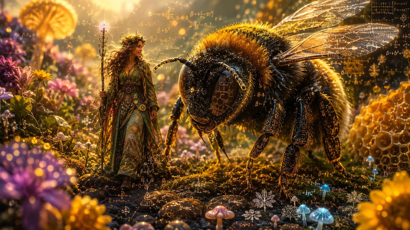 Mago de las flores caminando junto a un abejorro gigante y luminoso