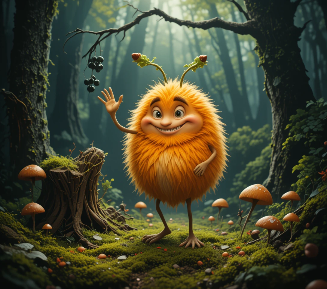 Criatura fantástica naranja y juguetona en un bosque misterioso