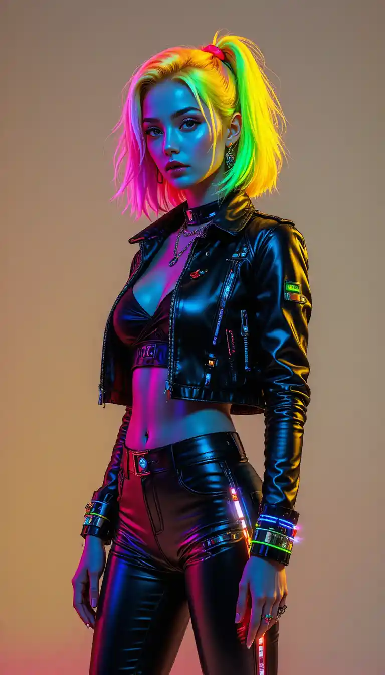 Neon haired woman in futuristic streetwear full body portrait