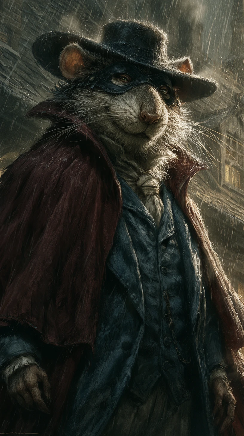 Anthropomorphic rat vigilante on a rainy noir city rooftop