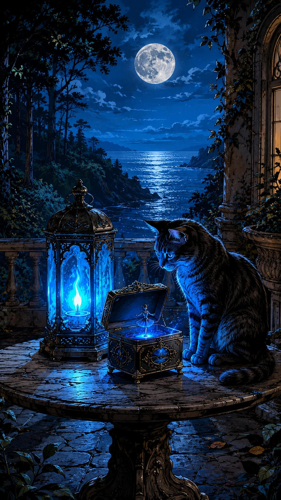 Gato curioso junto a un farol brillante en una terraza a la luz de la luna
