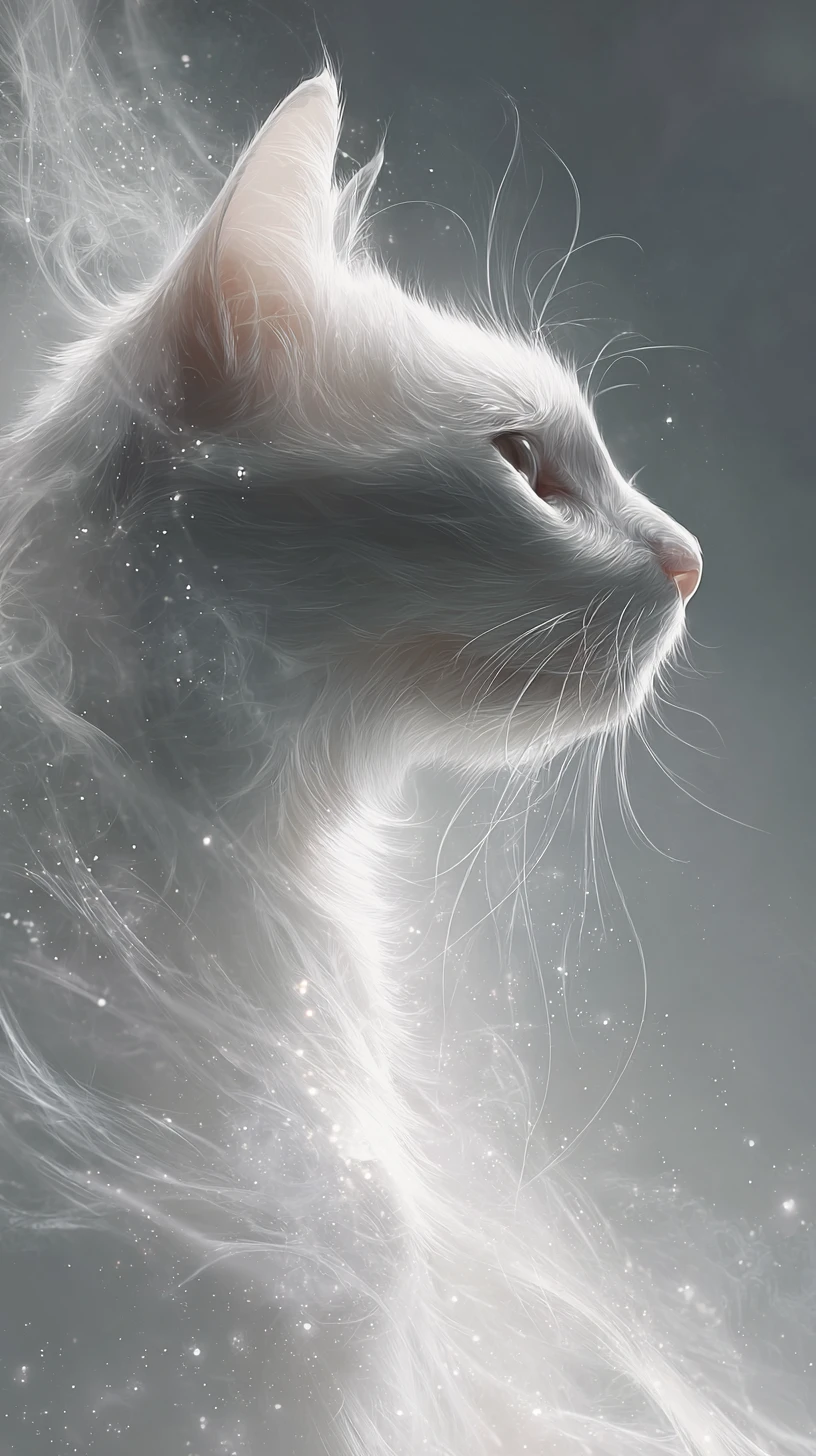Gato blanco etéreo formado de niebla y polvo de estrellas
