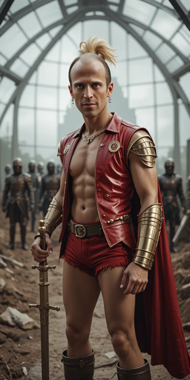 Heroic armored knight leading an army on a war torn field
