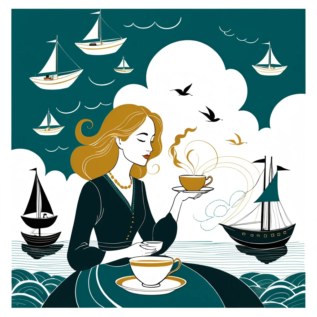 Mujer con taza de té y diminutos veleros en ilustración fantasiosa