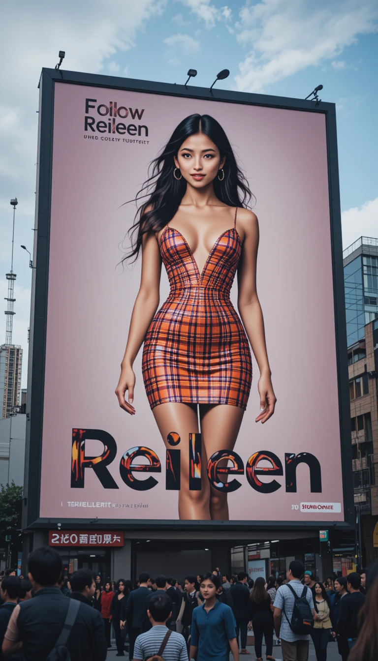 Gigantesca valla publicitaria urbana con modelo asiática elegante en vestido de cuadros