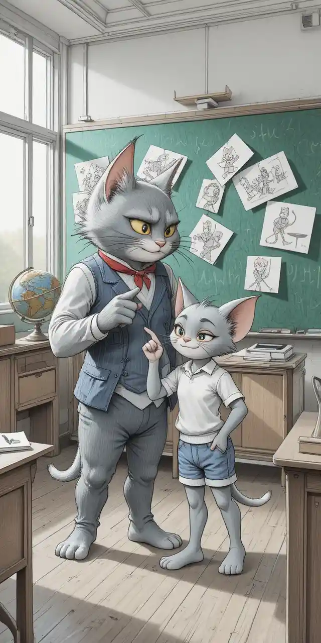 Estricto gato maestro gris regañando a un pequeño ratón