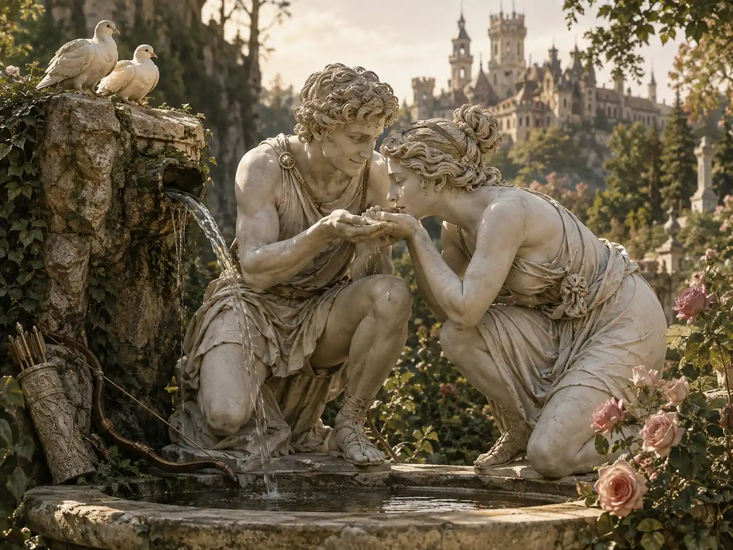 Amantes de mármol en una fuente de manantial del bosque en un jardín