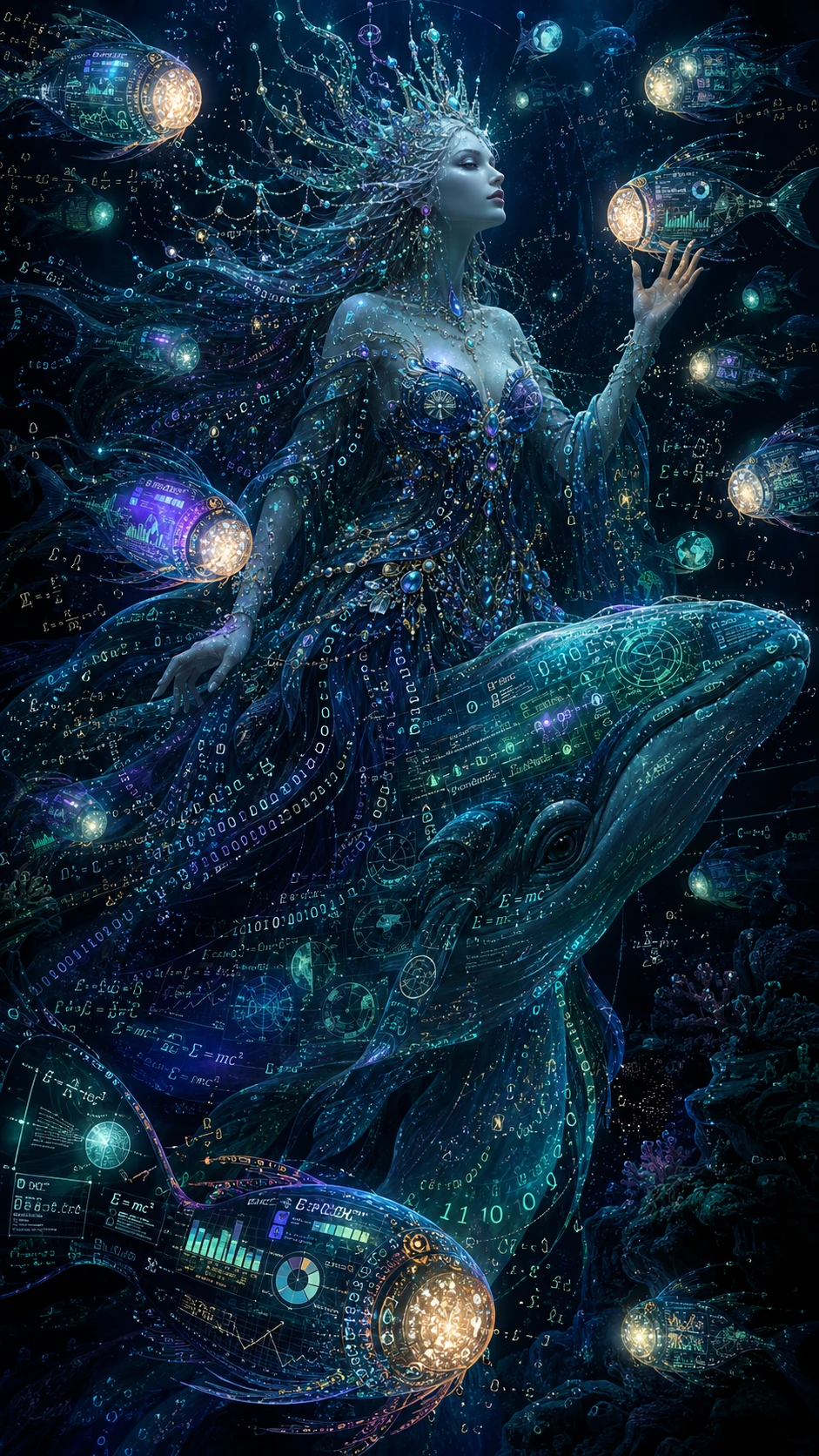 Reina mística submarina con peces linterna de datos brillantes
