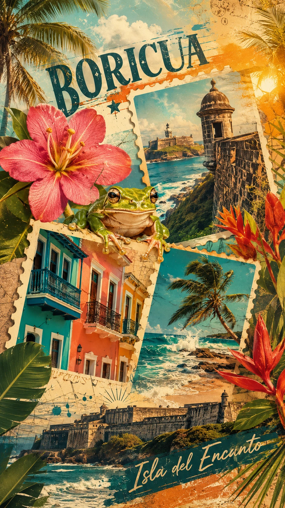Collage tropical Boricua vintage con estampillas e íconos caribeños