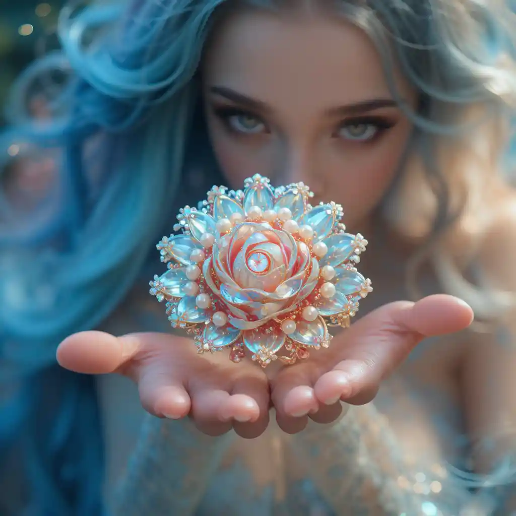 Sirena de cabello azul que ofrece una rosa de cristal y perlas