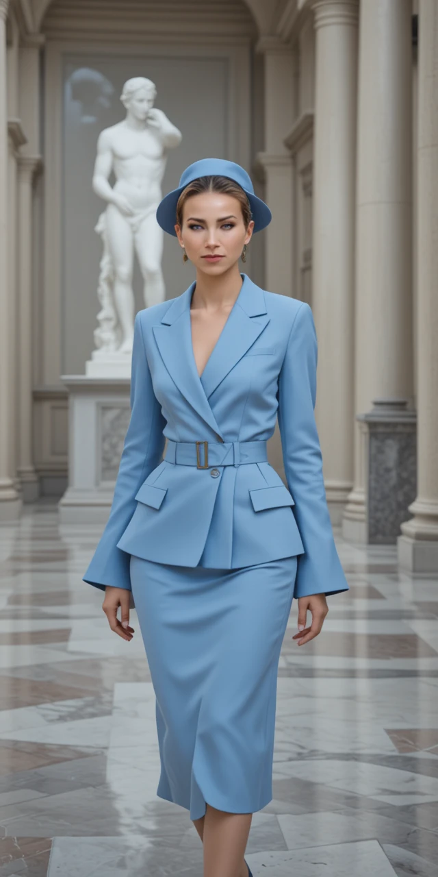 Mujer elegante con traje azul caminando por una gran galería