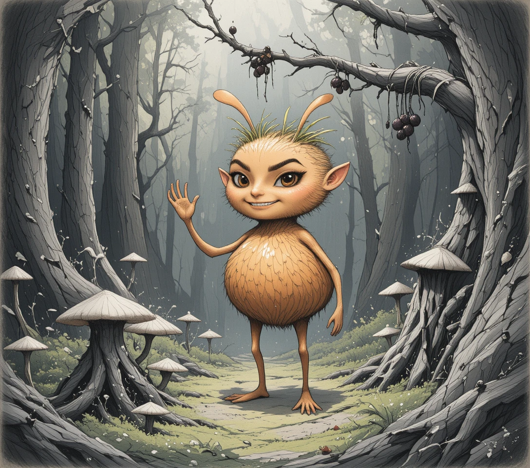 Playful orange forest creature in an enchanted woodland