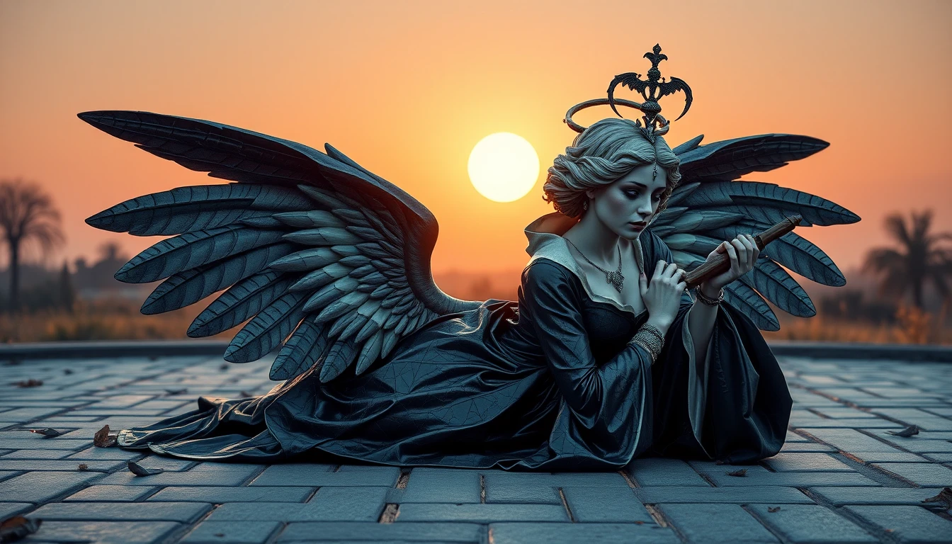 Mujer angelical surrealista sobre una lápida con alas de espejo