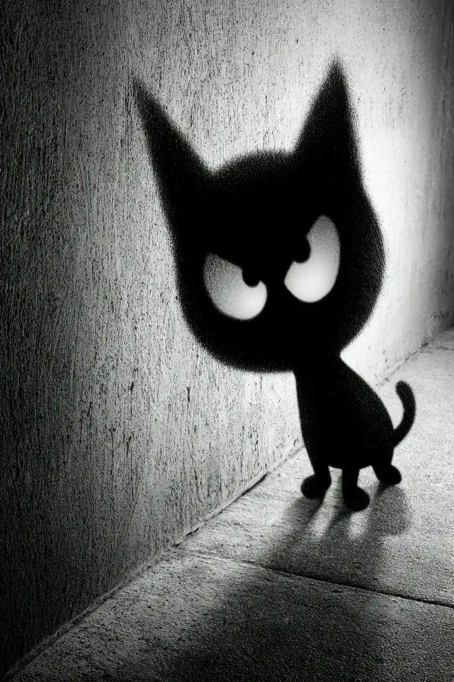 Gato sombra sigiloso con patas de araña a lo largo de una pared