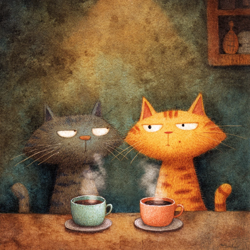 グレーと茶トラの猫のロマンチックなコーヒータイム
