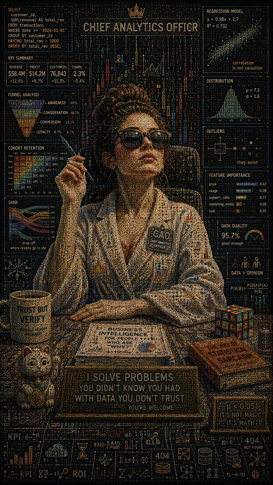 Portrait surréaliste cousu de données dans une pose sérieuse et professionnelle