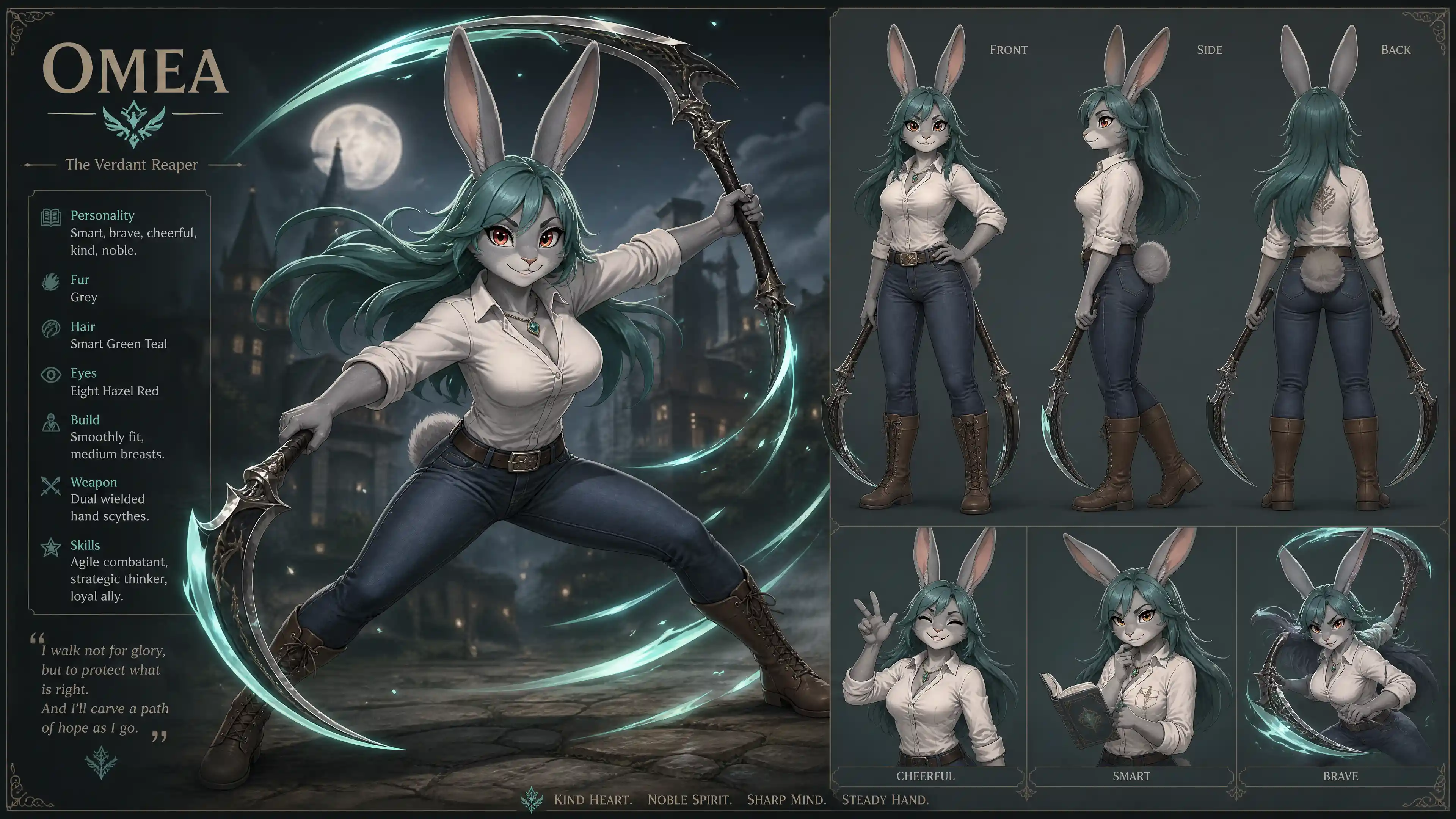 Anthro rabbit girl with green hair and dual hand scythes