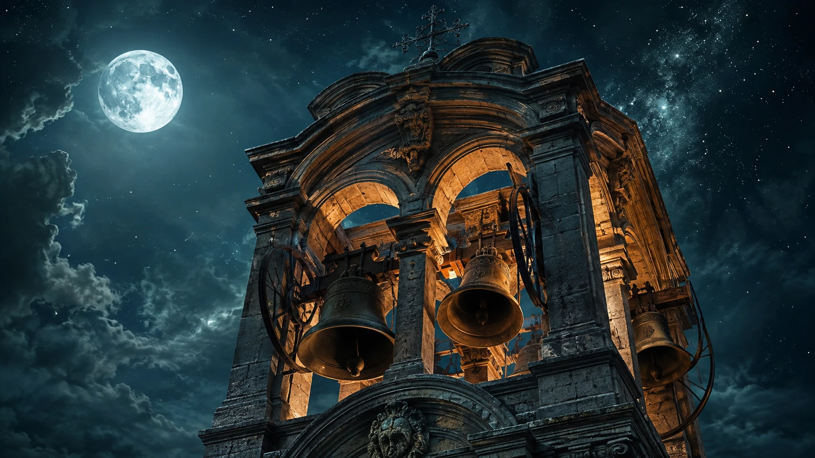 Bell tower under moonlit starry sky in surreal perspective