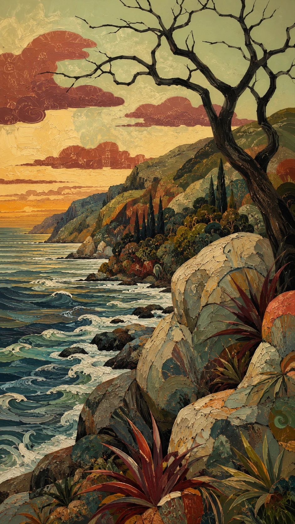 Mediterranean Coastline Painting With Mosaic Rocks And Leafless Tree