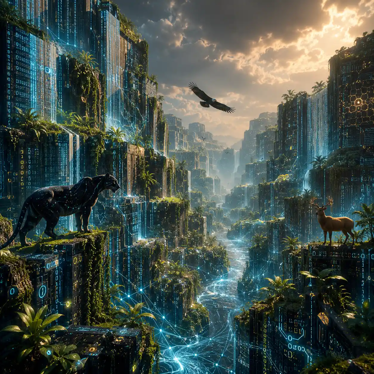 Épico paisaje de cañón digital de datos y enredaderas vivas