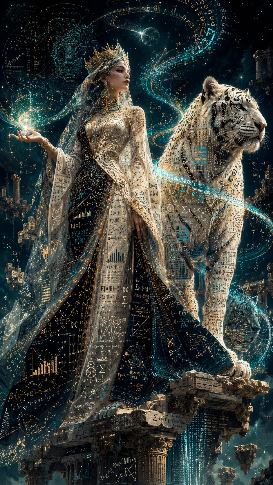 Hechicera y tigre blanco sobre ruinas de mármol flotantes