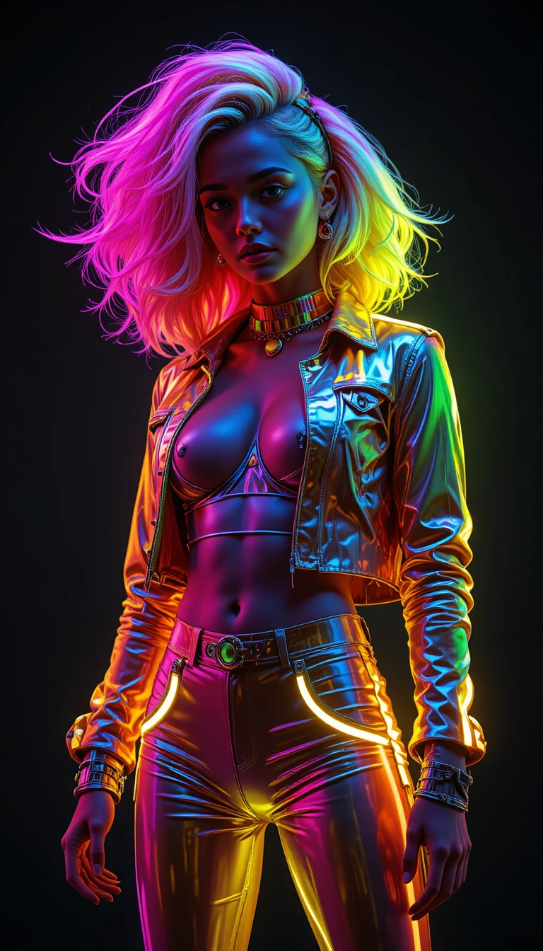 Mujer de cabello neón en vibrante pose de moda urbana futurista