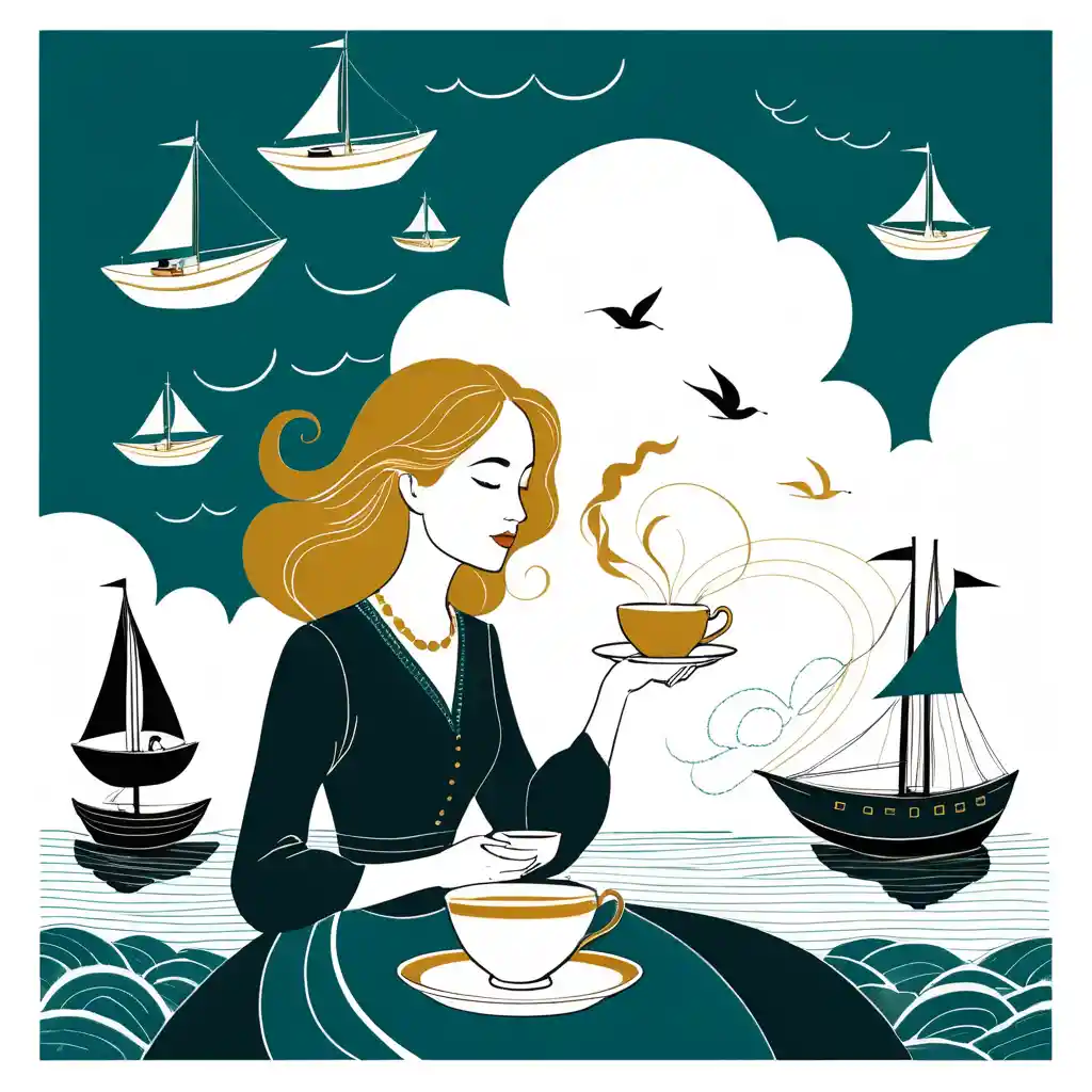Mujer con taza de té y diminutos veleros en ilustración fantasiosa
