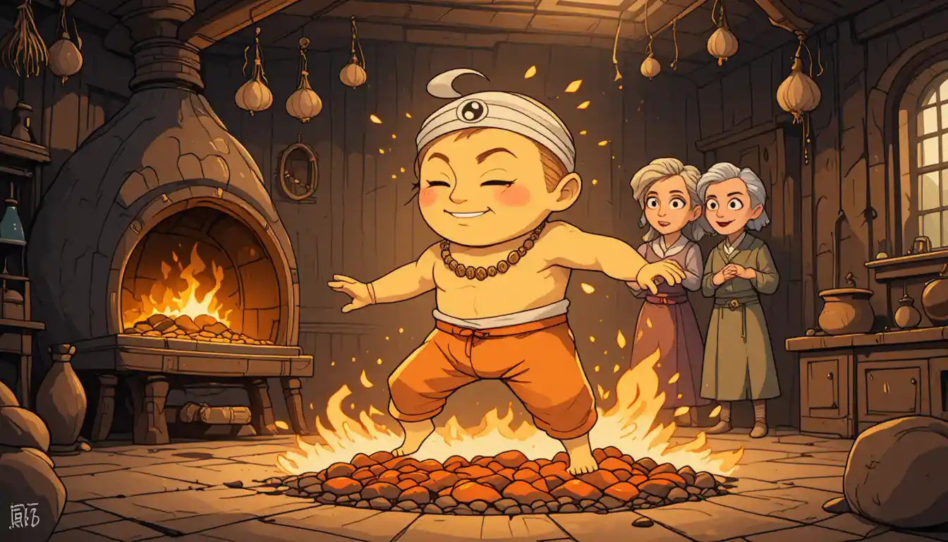 Whimsical Cartoon Monk Fire Walking In Rustic Kitchen