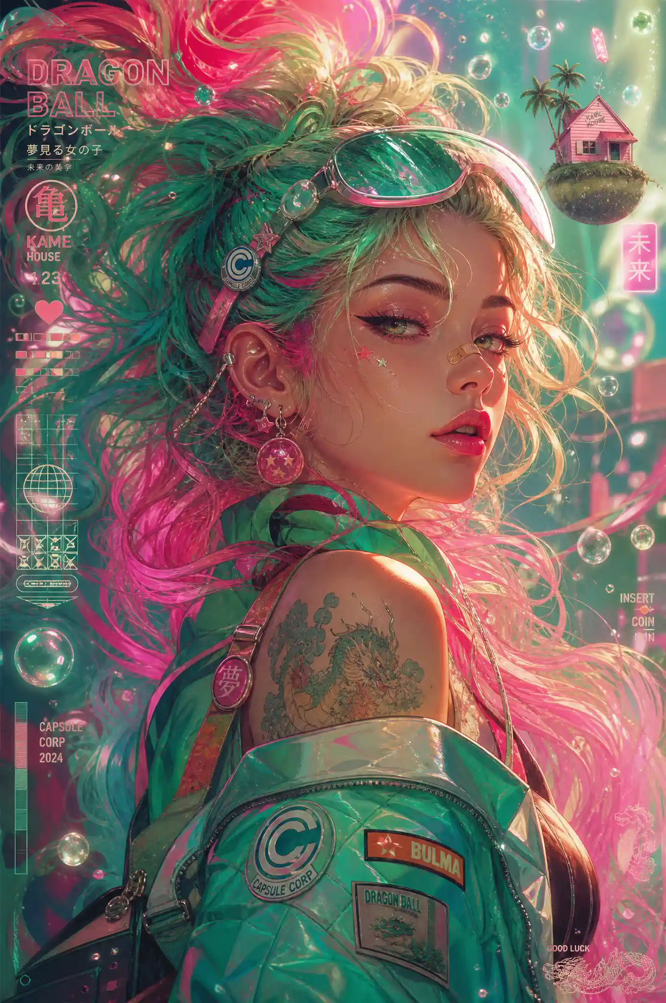 Retrato vibrante de mujer cyberpunk con cabello de fantasía multicolor