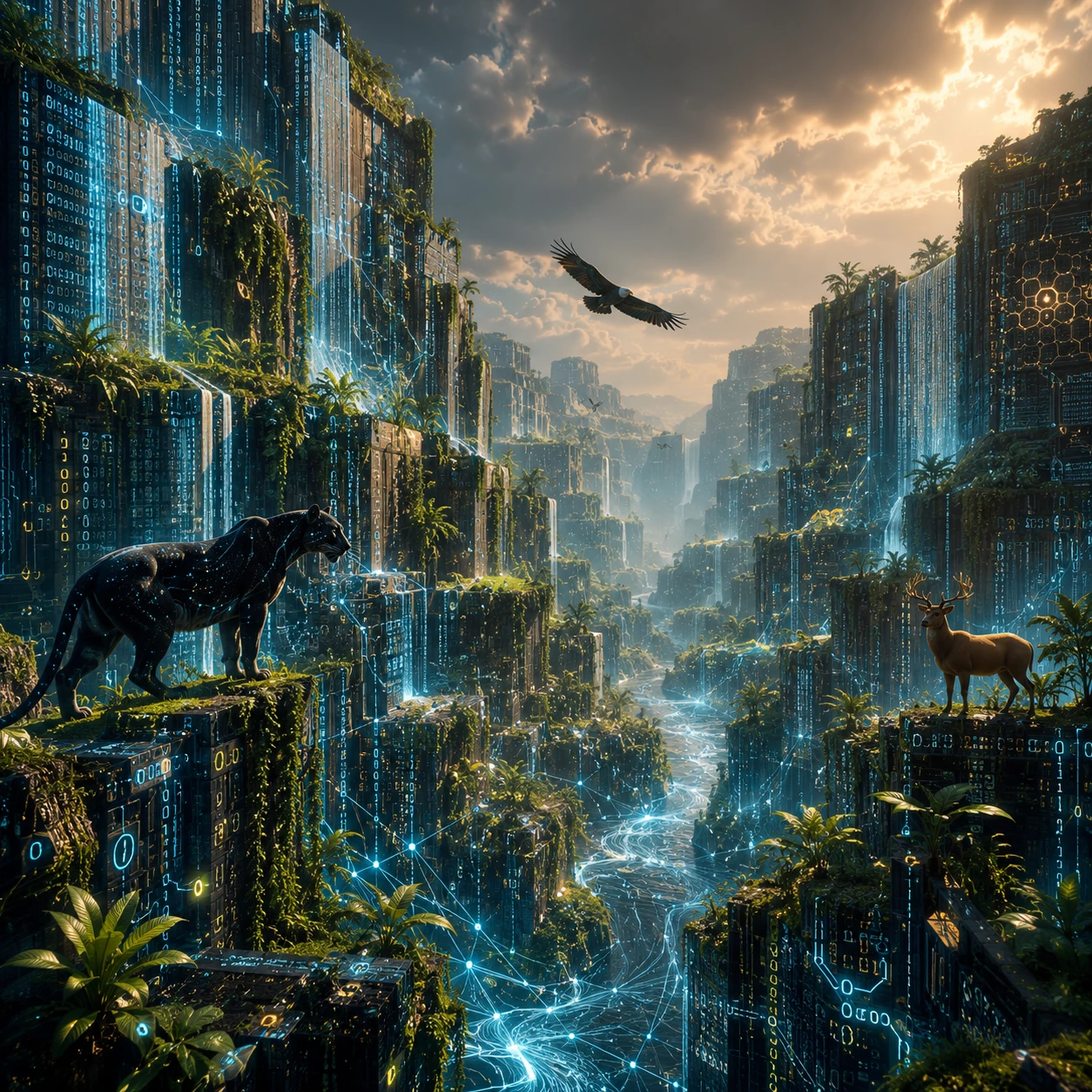 Épico paisaje de cañón digital de datos y enredaderas vivas