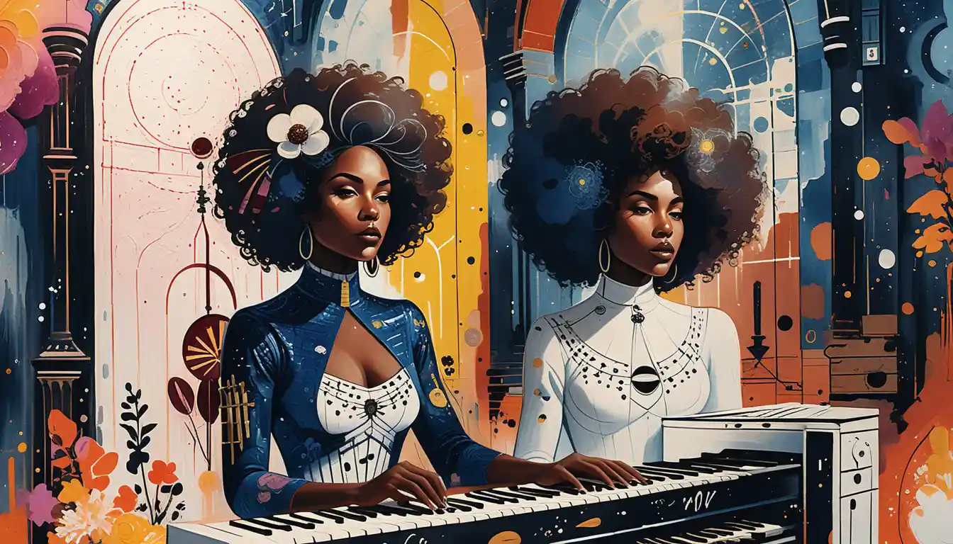 Black woman playing organ in a glowing cosmic cathedral