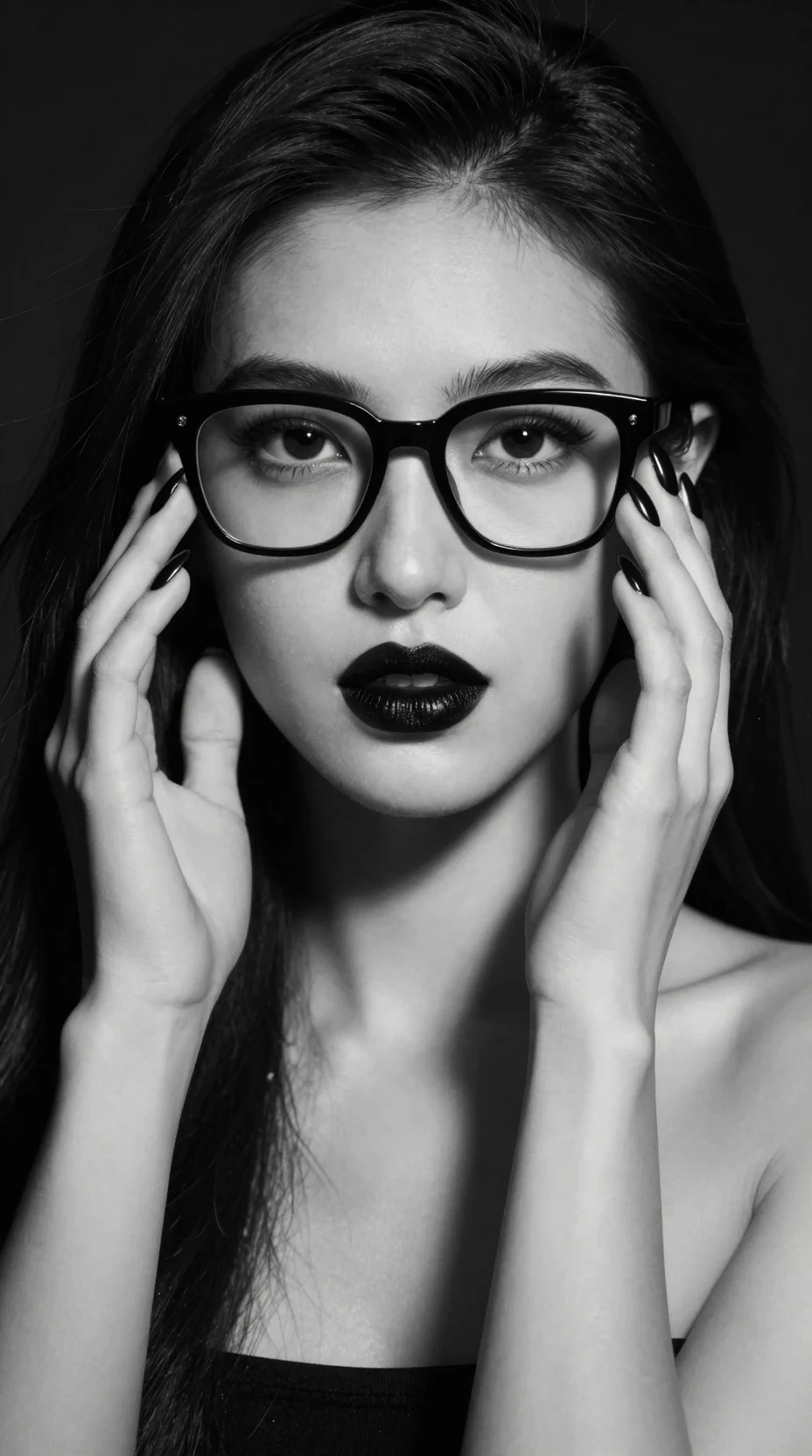 Retrato de moda monocromático de mujer con gafas negras