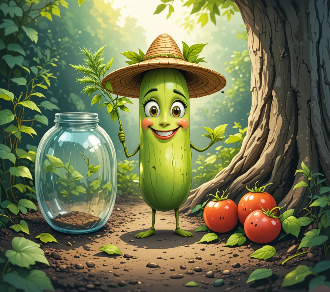 Personnage de cornichon joyeux dans une scène de jardin féerique