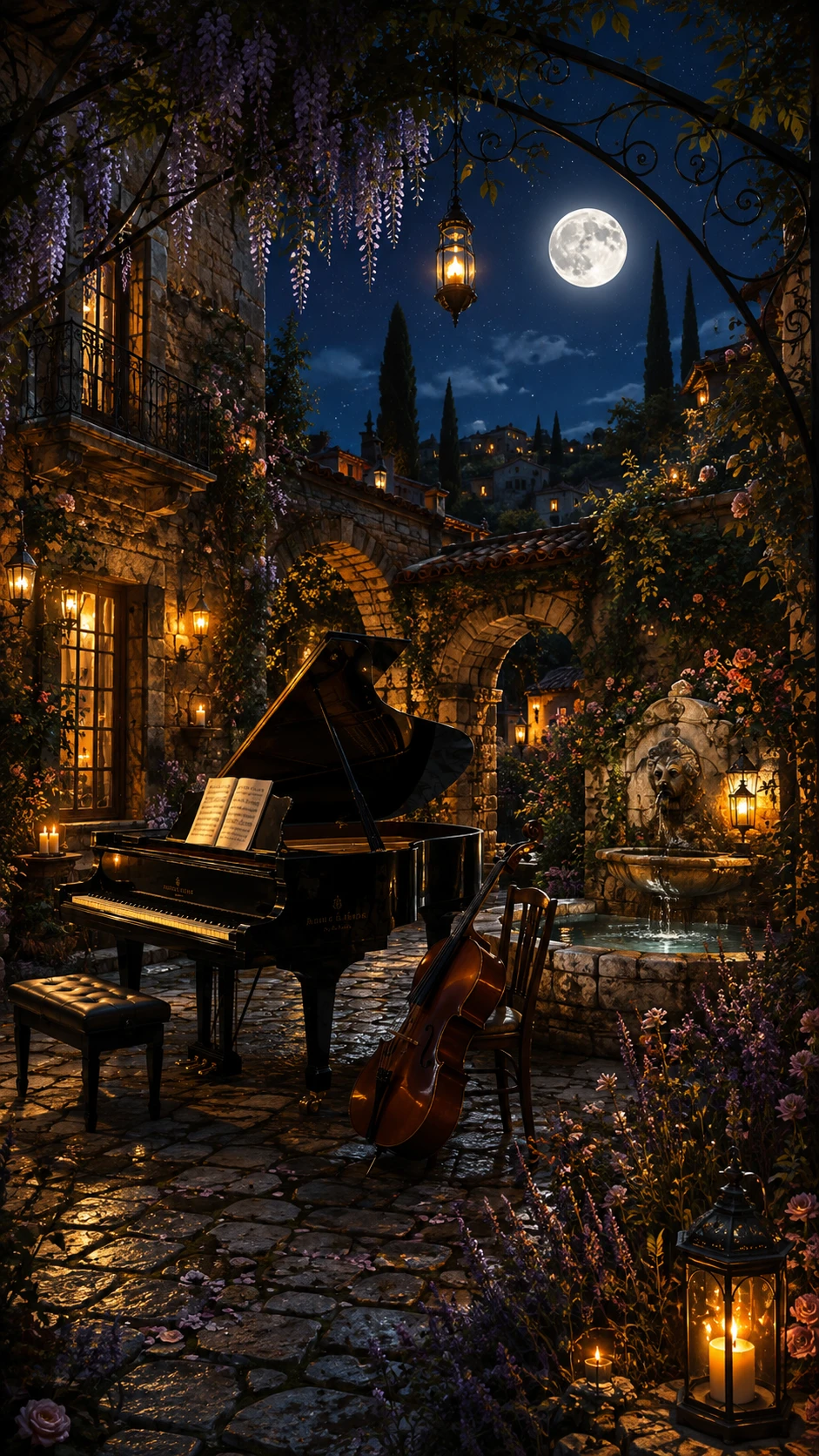 Patio a la luz de la luna con piano de cola y dúo de violonchelo