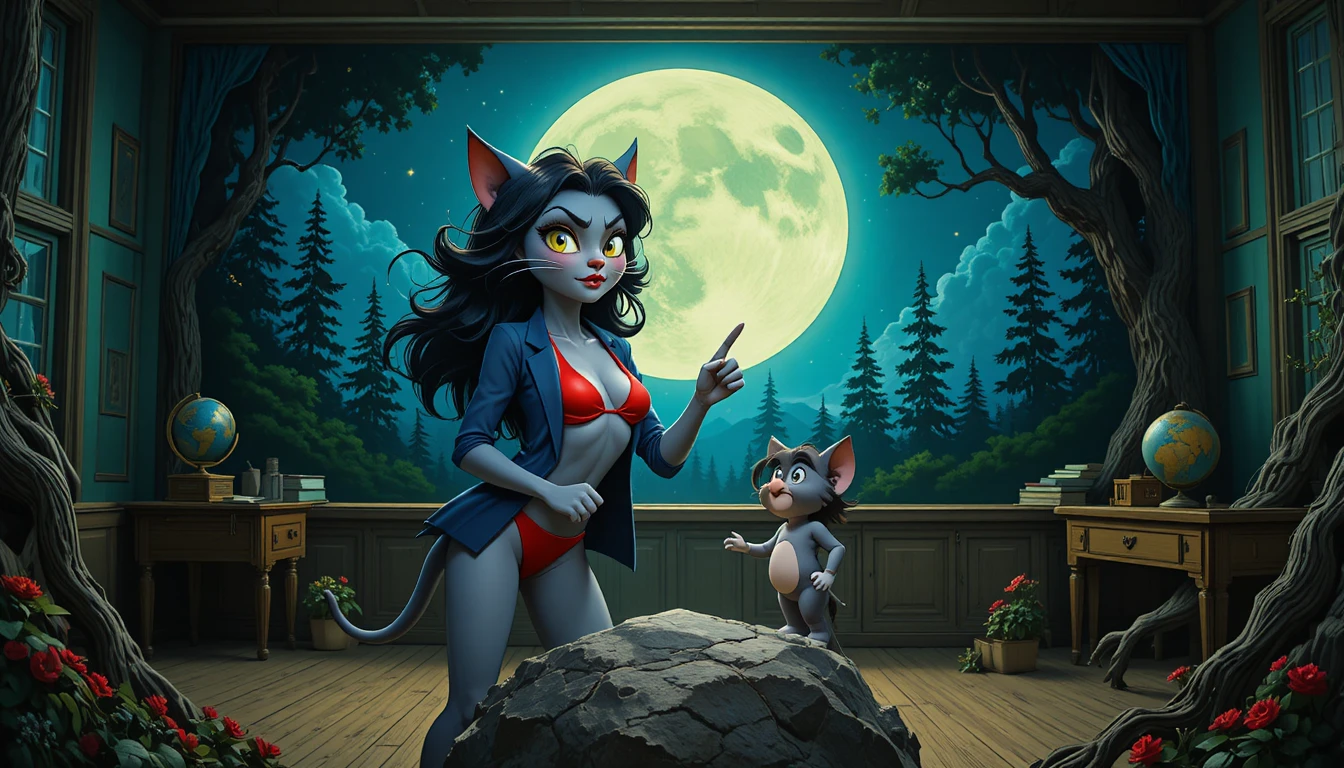 Angry grey cat teacher scolding a small mouse
